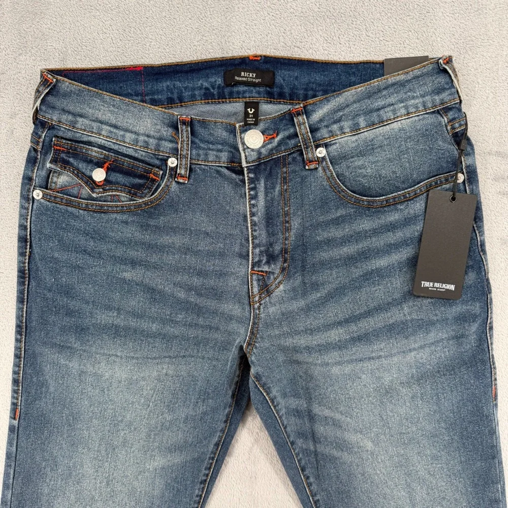 True Religion Ricky Flap Straight‎ Jeans Medium Cuzzy Firefade Wash Mens Size 31